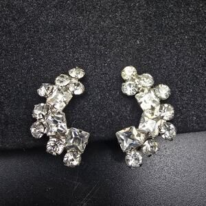 Curved Climber Rhinestone Clip On Earrings Vintage Glam Costume Jewelry